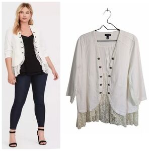 Torrid Ivory Twill Lace Peplum Jacket Plus Size 2X Open Front  3/4 Sleeve Casual